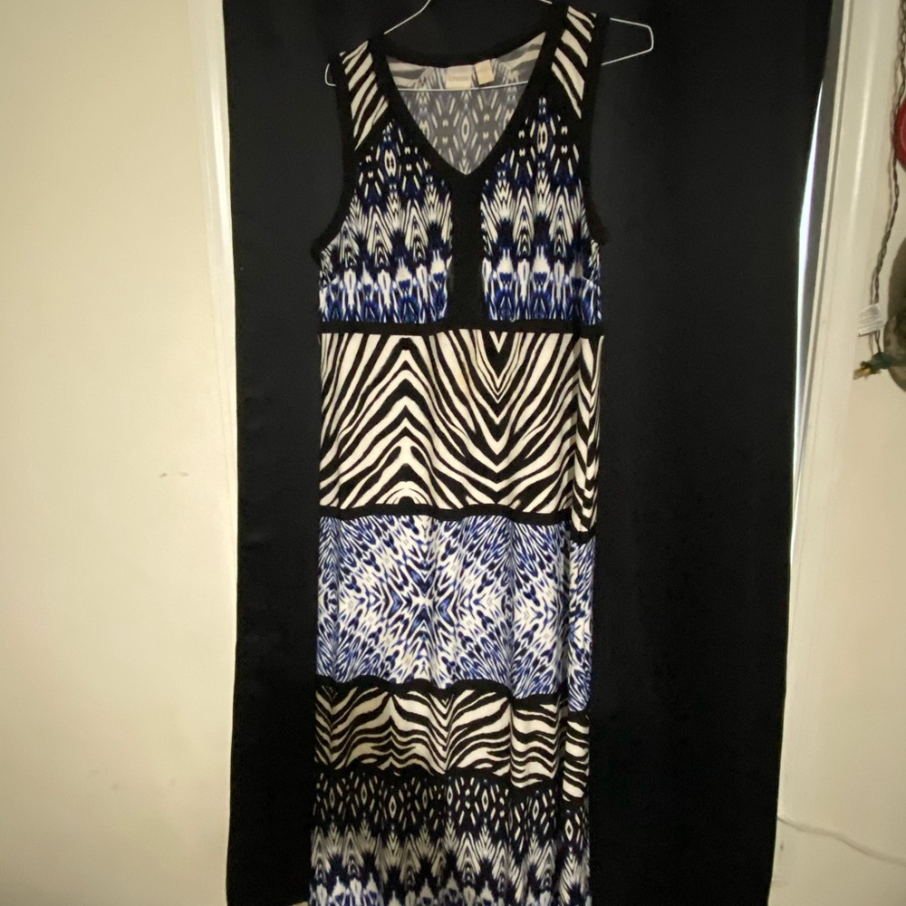 Chico’s black and royal mixed pattern dress.